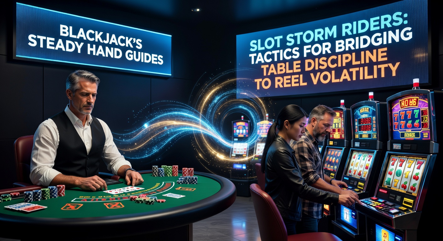 A blackjack player methodically managing chips at a casino table, symbolizing discipline amid the colorful blur of nearby slot machines representing volatility