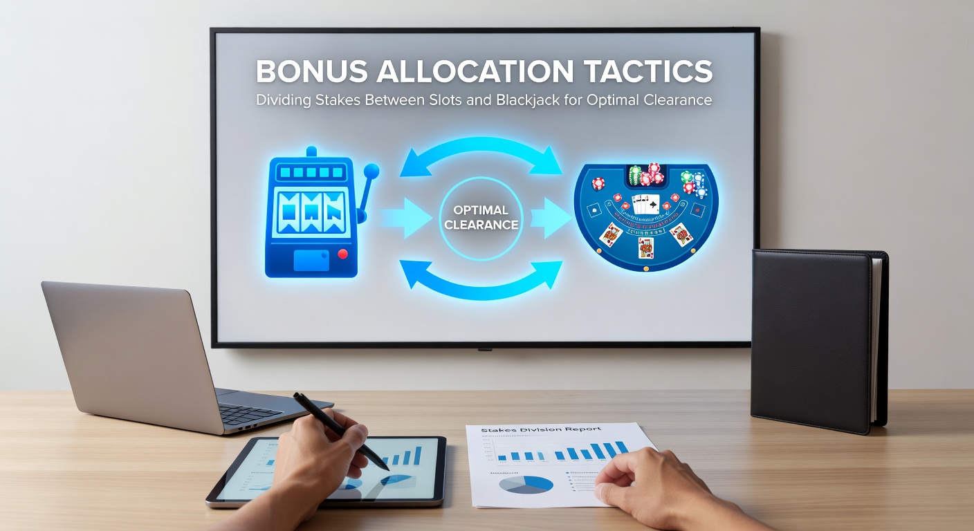 Casino player at a table dividing chips between slot machine and blackjack setup, illustrating stake allocation strategies
