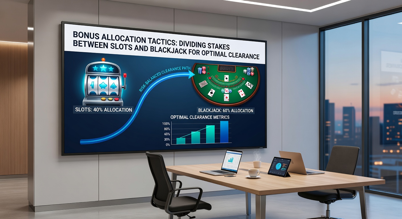 Close-up of slot reels cascading wins alongside a blackjack hand totaling 21, symbolizing combined bonus clearance tactics