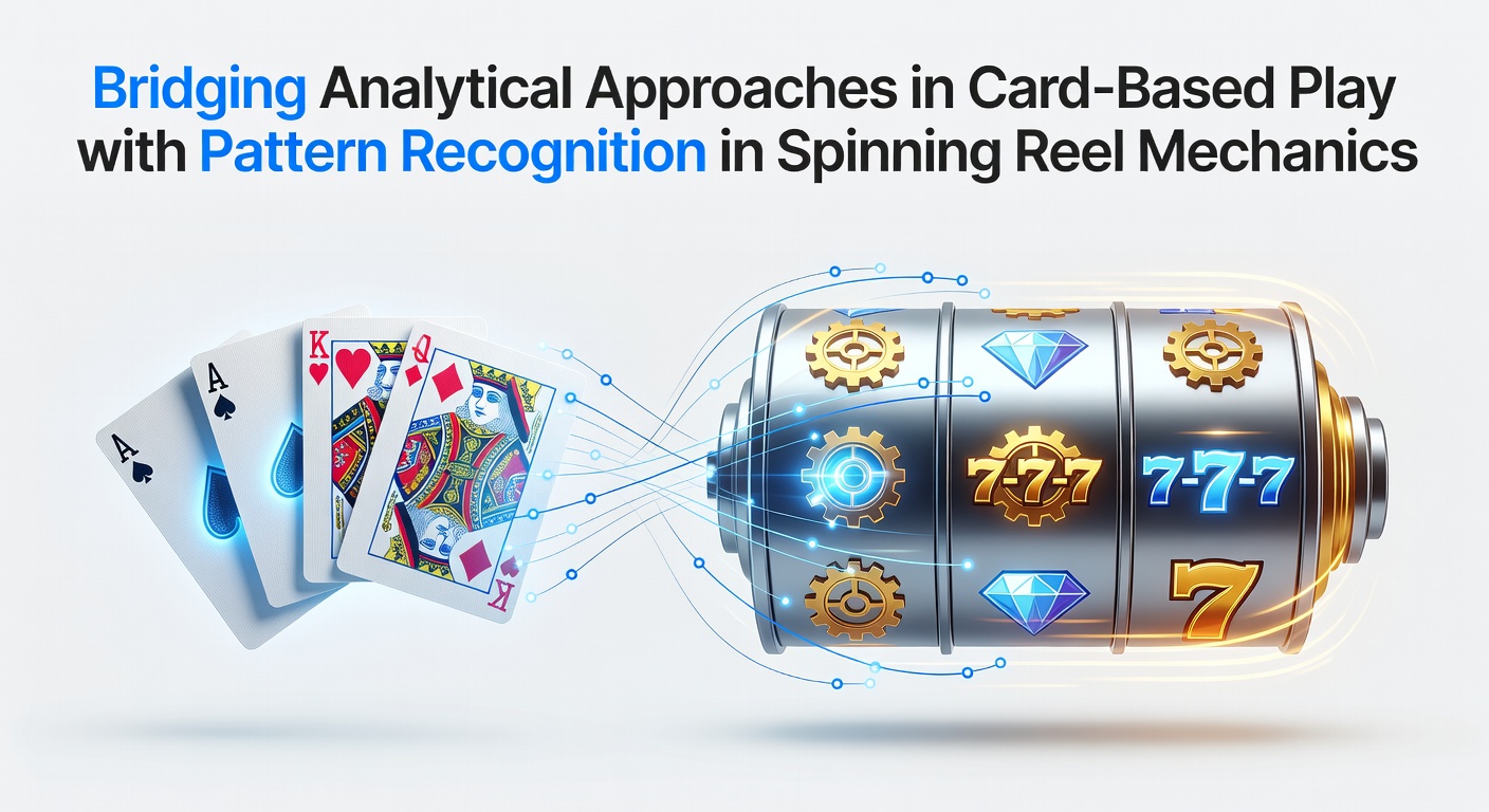 Illustration showing analytical card play strategies overlapping with spinning reel pattern recognition in casino environments