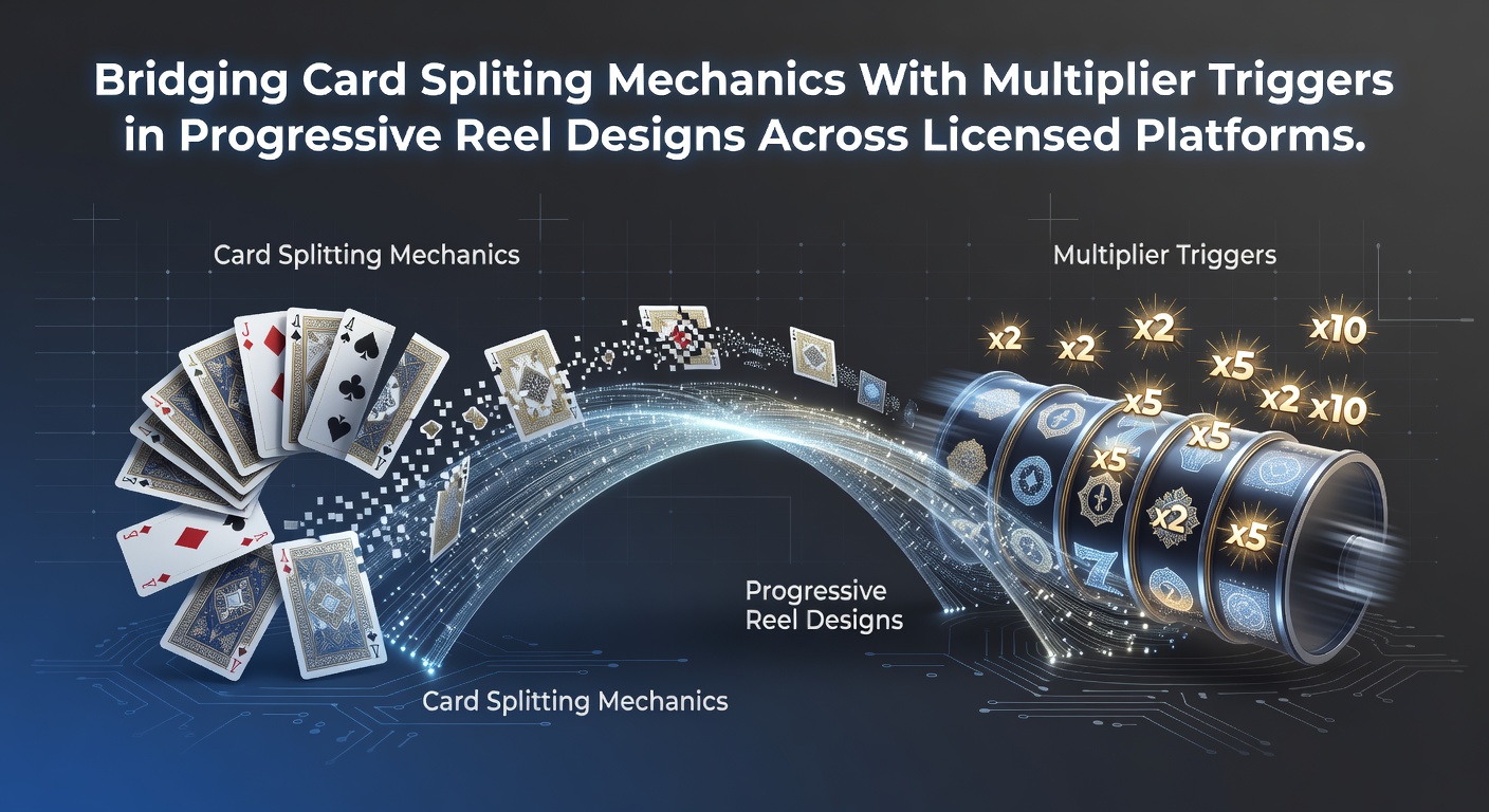 Technical diagram showing card splitting mechanics connected to progressive reel multiplier triggers in licensed slot platforms