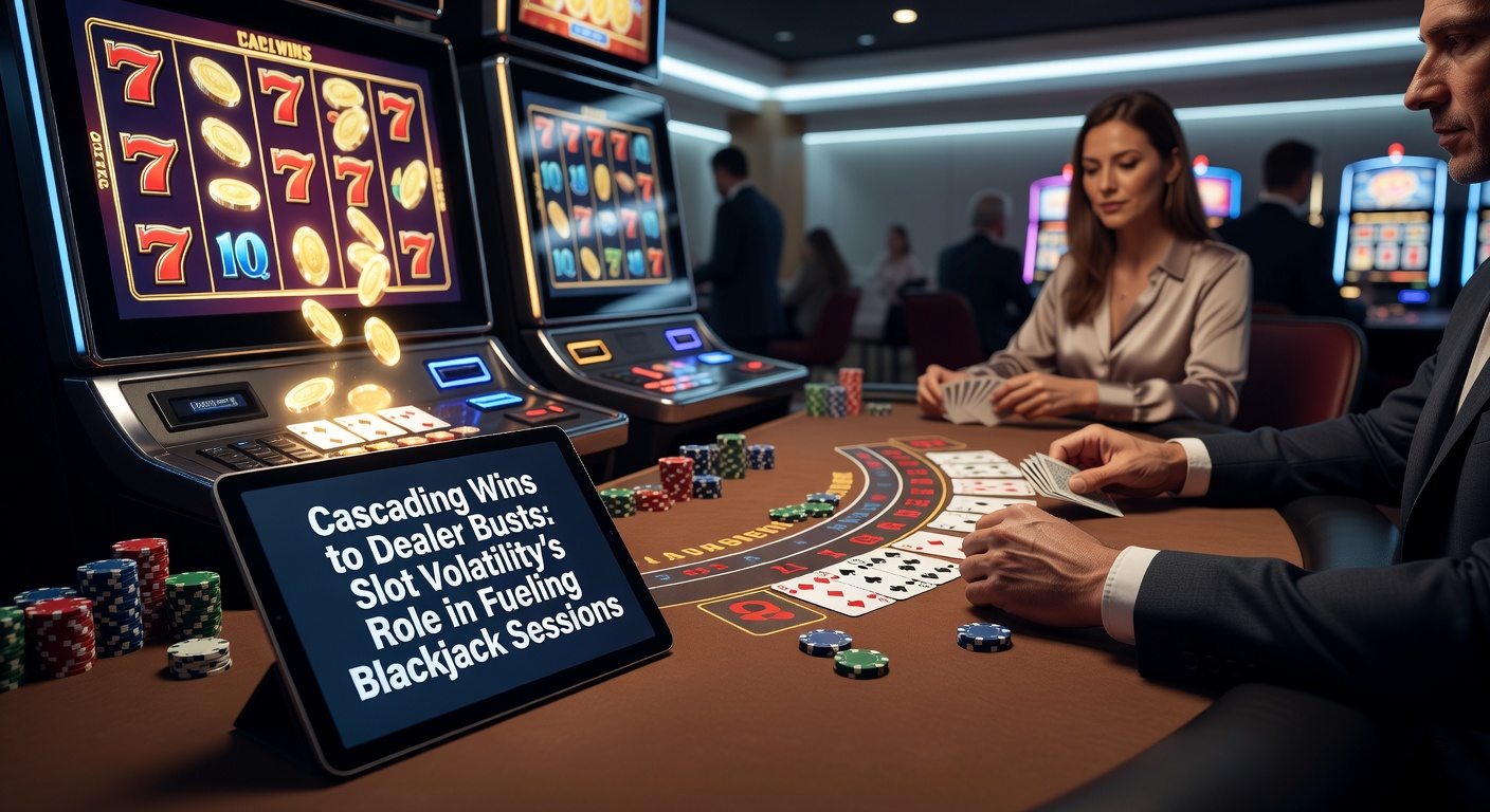 Vibrant slot reels cascading with winning symbols transitioning to a blackjack table with cards in play