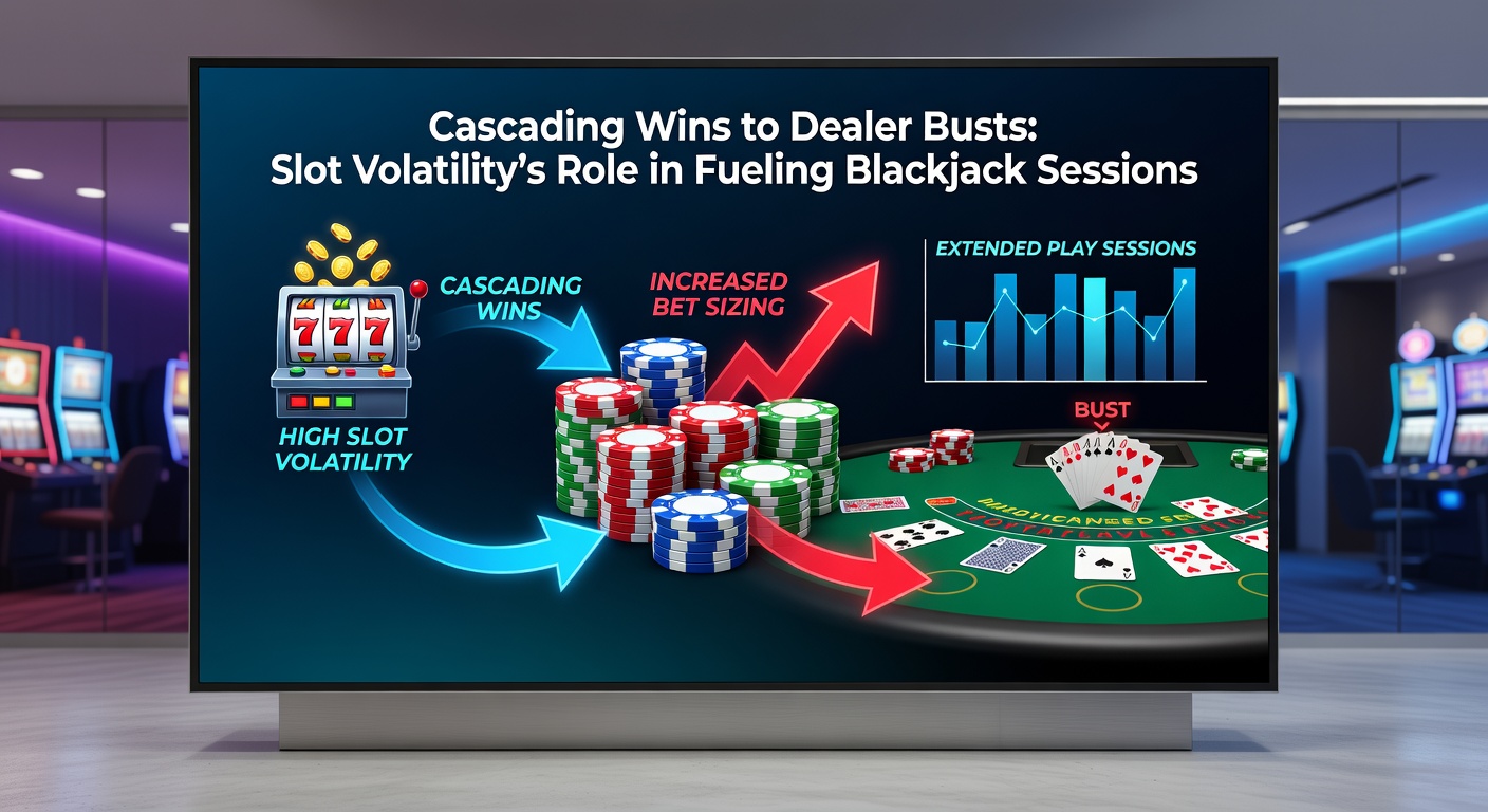Dynamic graphic showing slot cascade explosion morphing into blackjack dealer bust animation with chips stacking up