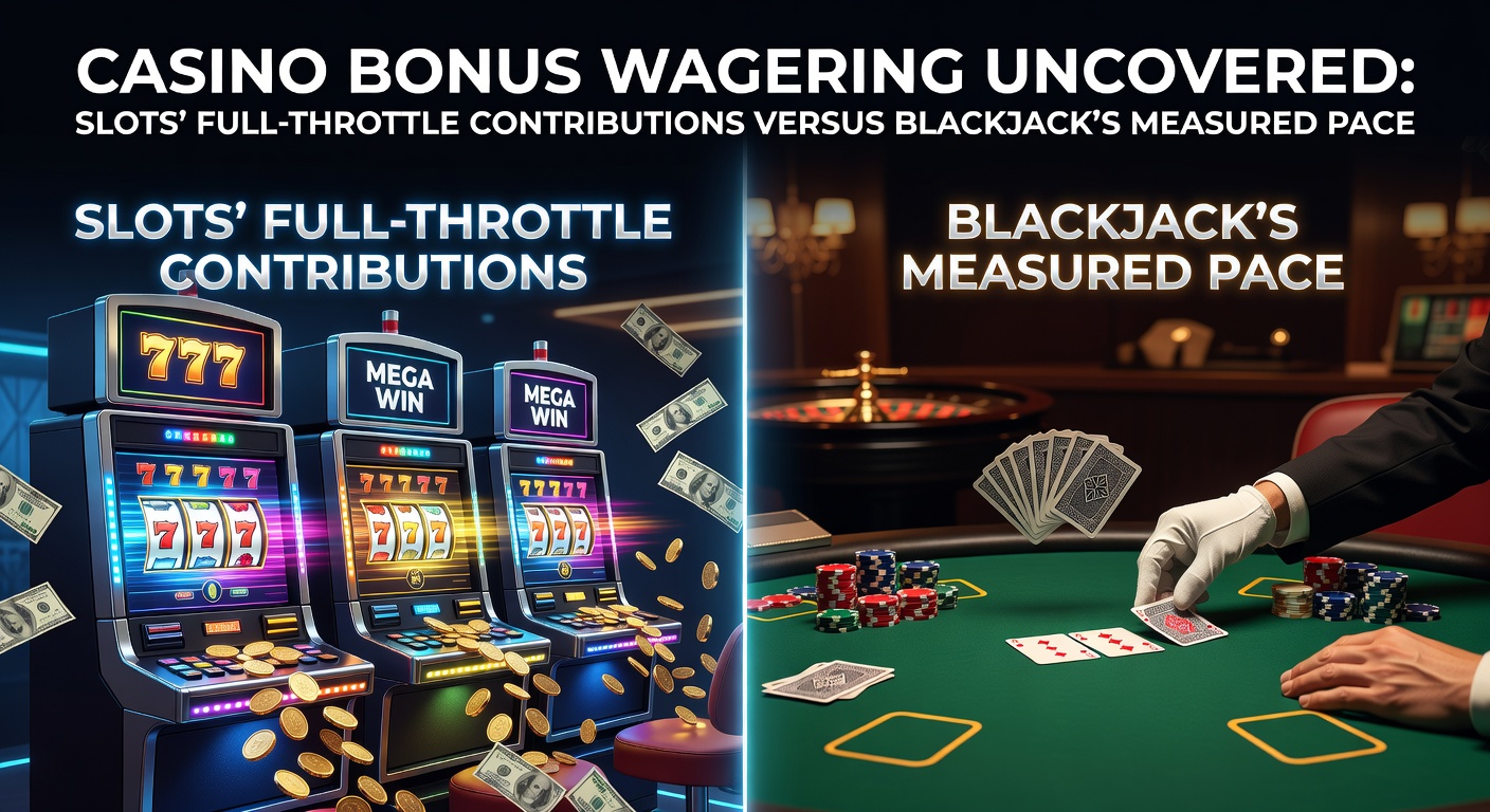 Vibrant slot reels spinning alongside a blackjack table, symbolizing the contrast in bonus wagering speeds