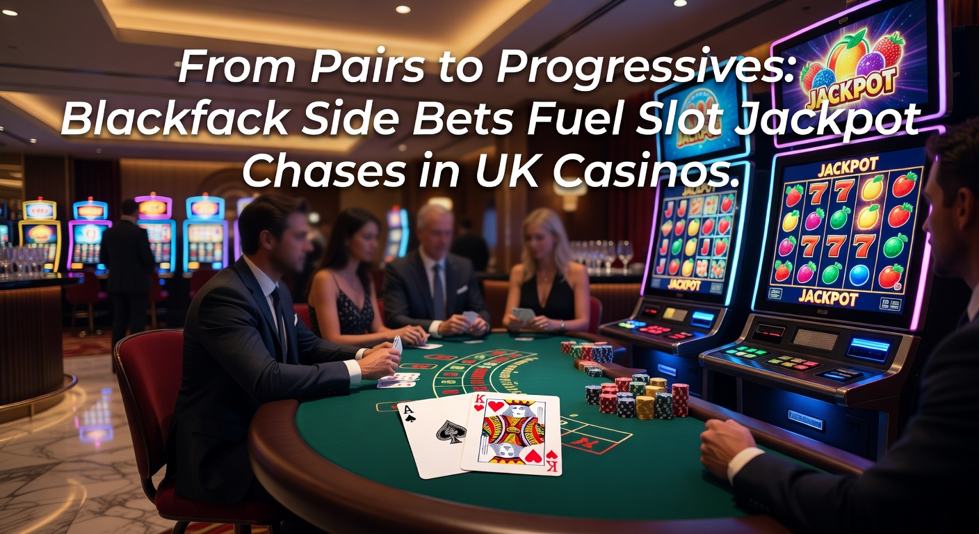 Blackjack table with side bet options next to vibrant slot machines displaying progressive jackpots in a bustling UK casino floor