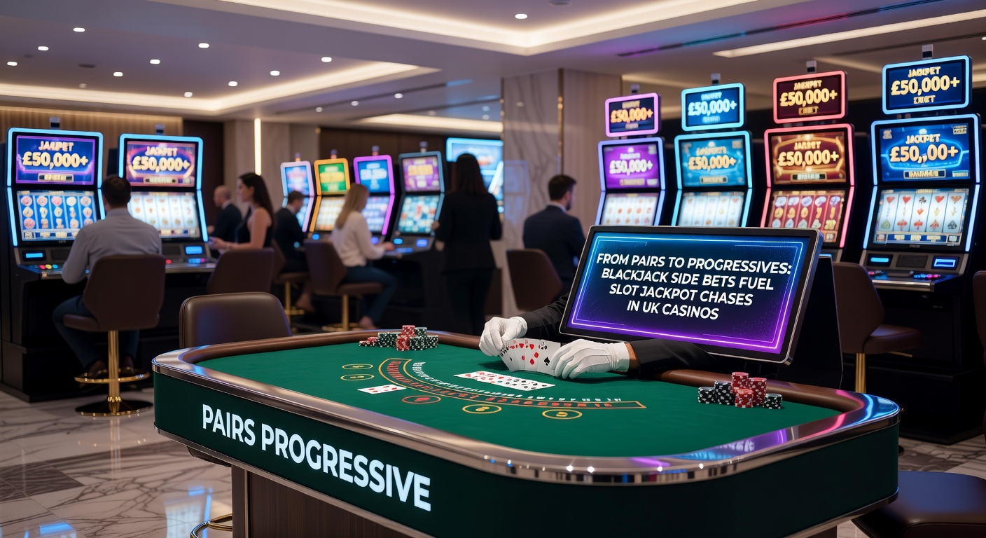 Player celebrating a progressive slot win after transitioning from a blackjack table with active side bets in a lively UK casino environment