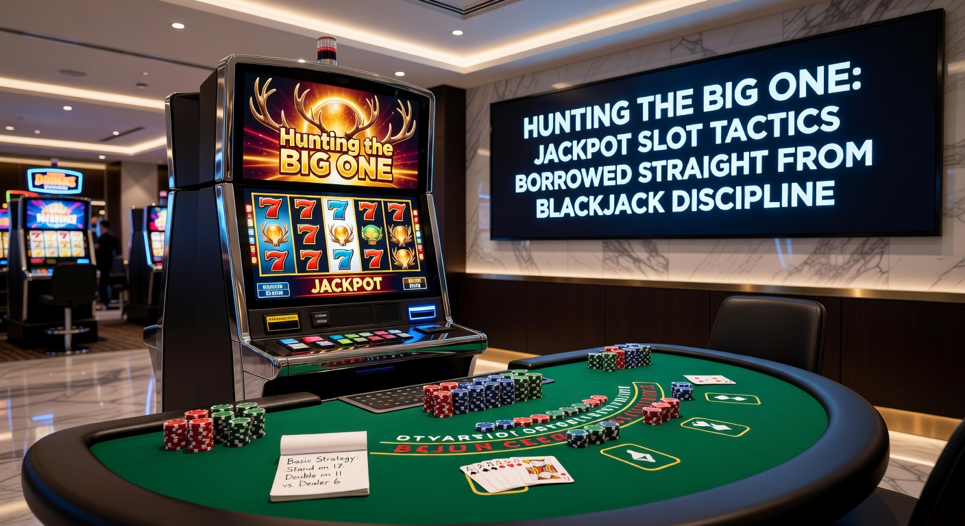 Close-up of a player's hand placing chips on a blackjack bet next to a slot lever pull, symbolizing disciplined tactics bridging table and machine games