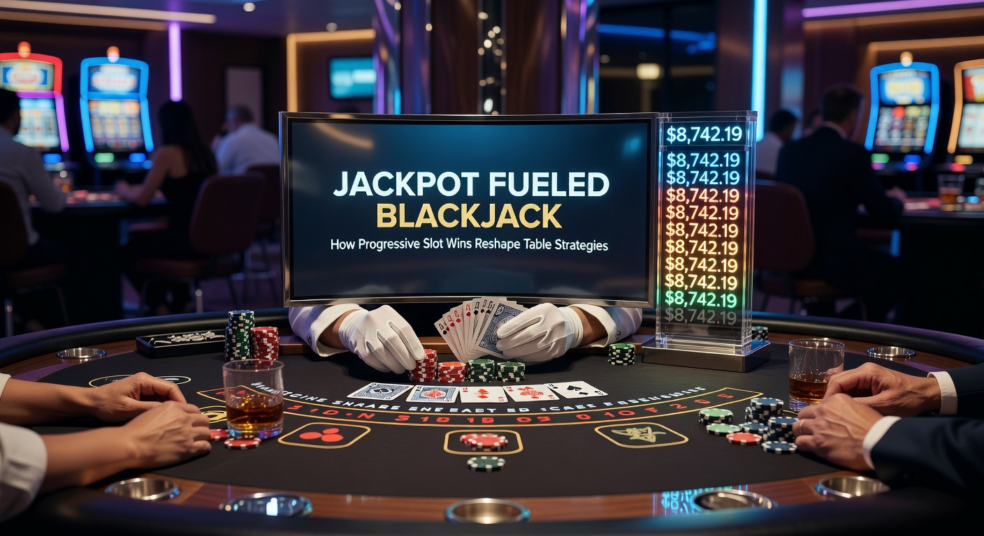 Blackjack table buzzing as a slot jackpot winner joins, chips stacking high amid strategic plays