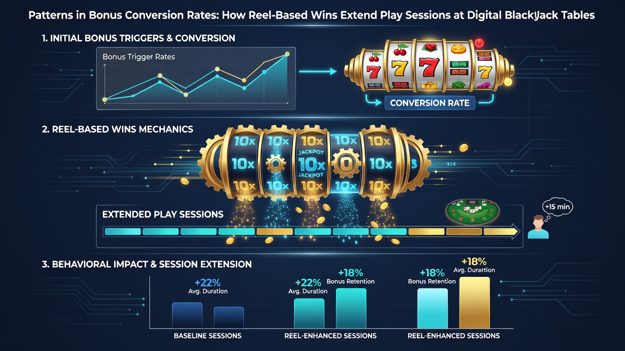 Analytics dashboard displaying session extension metrics and bonus conversion rates from slot reels to blackjack tables