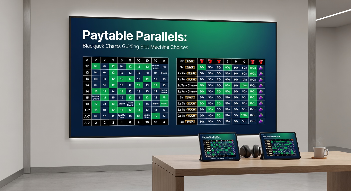 Blackjack strategy chart overlaid on a vibrant slot machine paytable, highlighting numerical parallels in payouts and odds
