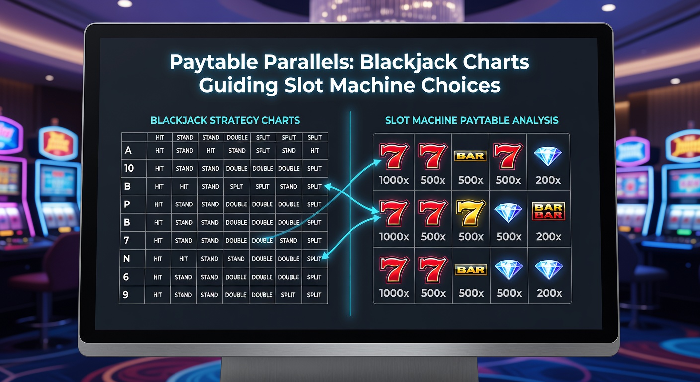 Close-up of a slot paytable next to a blackjack basic strategy chart, with arrows connecting similar payout tiers and volatility indicators