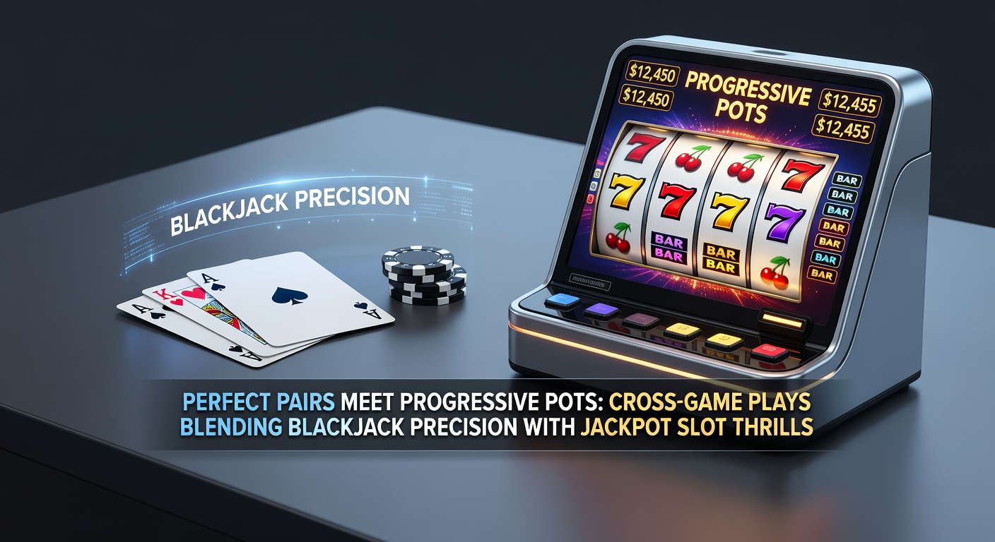 Digital casino interface showing blackjack table with Perfect Pairs side bet active alongside a glowing progressive jackpot slot machine in the background, highlighting cross-game integration