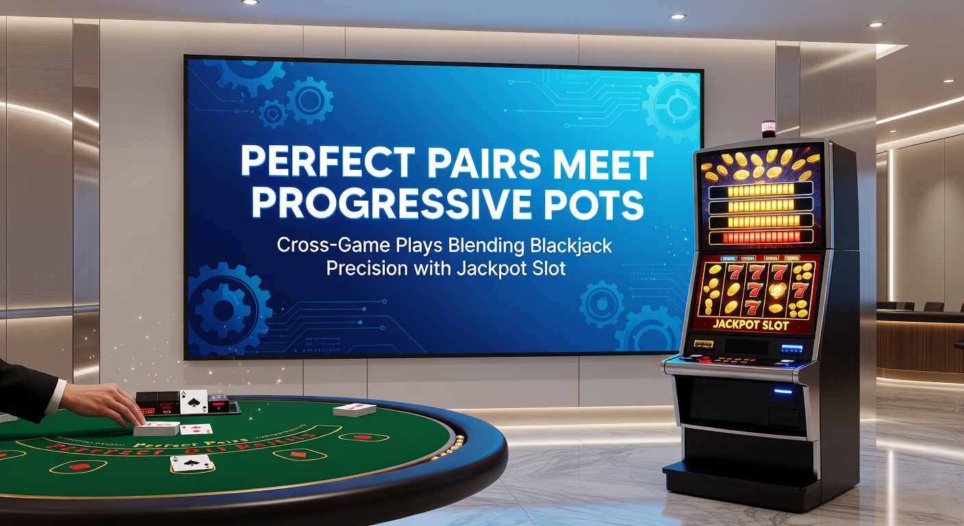 Close-up of a hybrid casino game screen blending a blackjack hand with Perfect Pairs payout icons merging into a progressive slot reel set, jackpot meter ticking upward dramatically