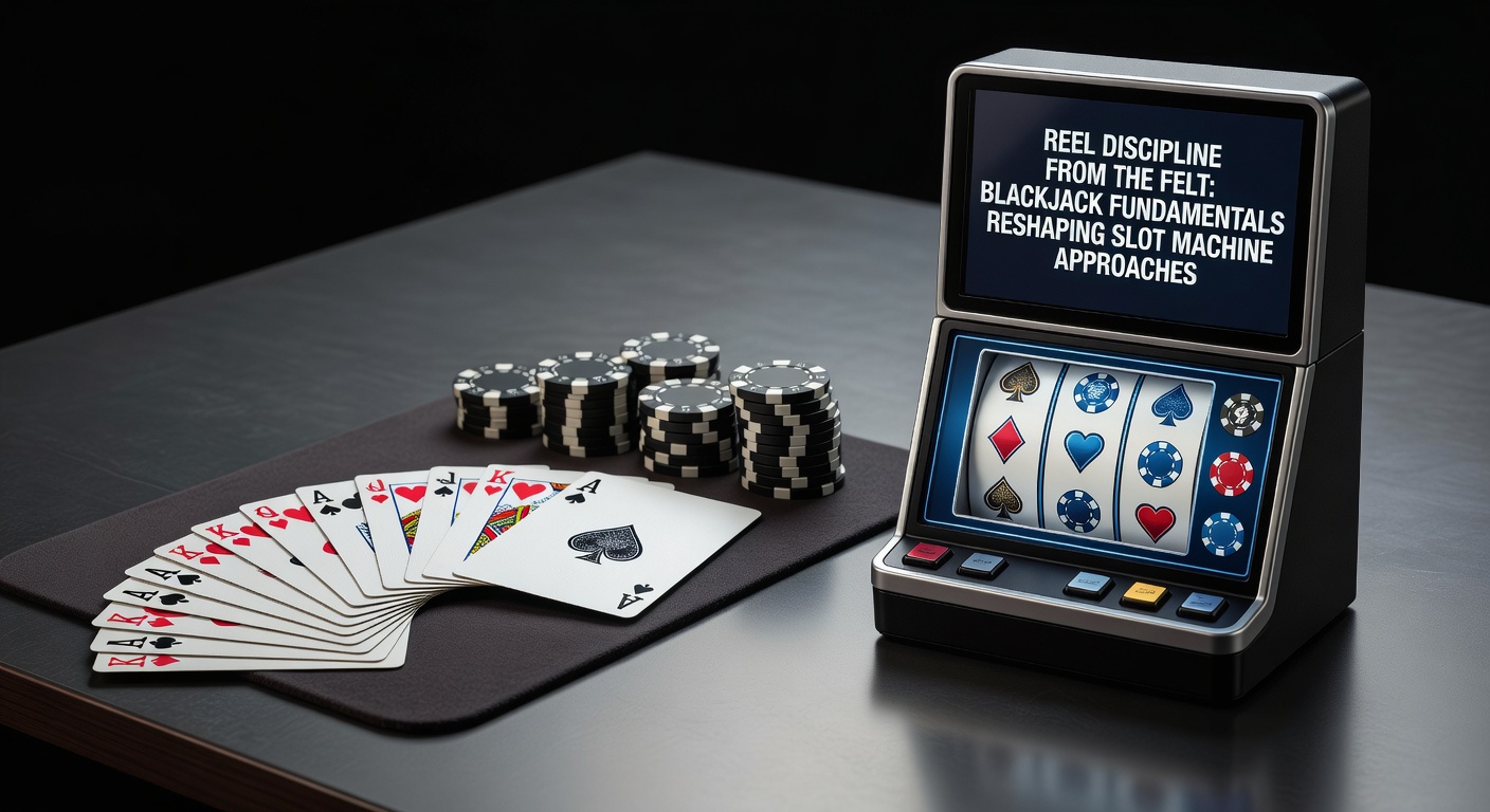 A blackjack table in a bustling casino where players apply disciplined strategies, transitioning to vibrant slot machines nearby, symbolizing the shift from felt to reels