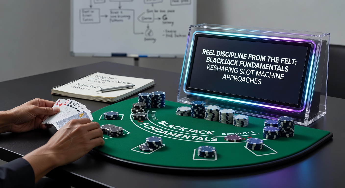 Slot machine reels spinning with blackjack cards overlayed, illustrating how table discipline influences reel strategies in a modern casino setting