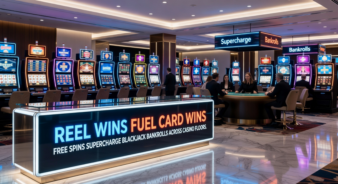 Vibrant casino floor scene showing slot machines lighting up with free spins and nearby blackjack tables buzzing with action
