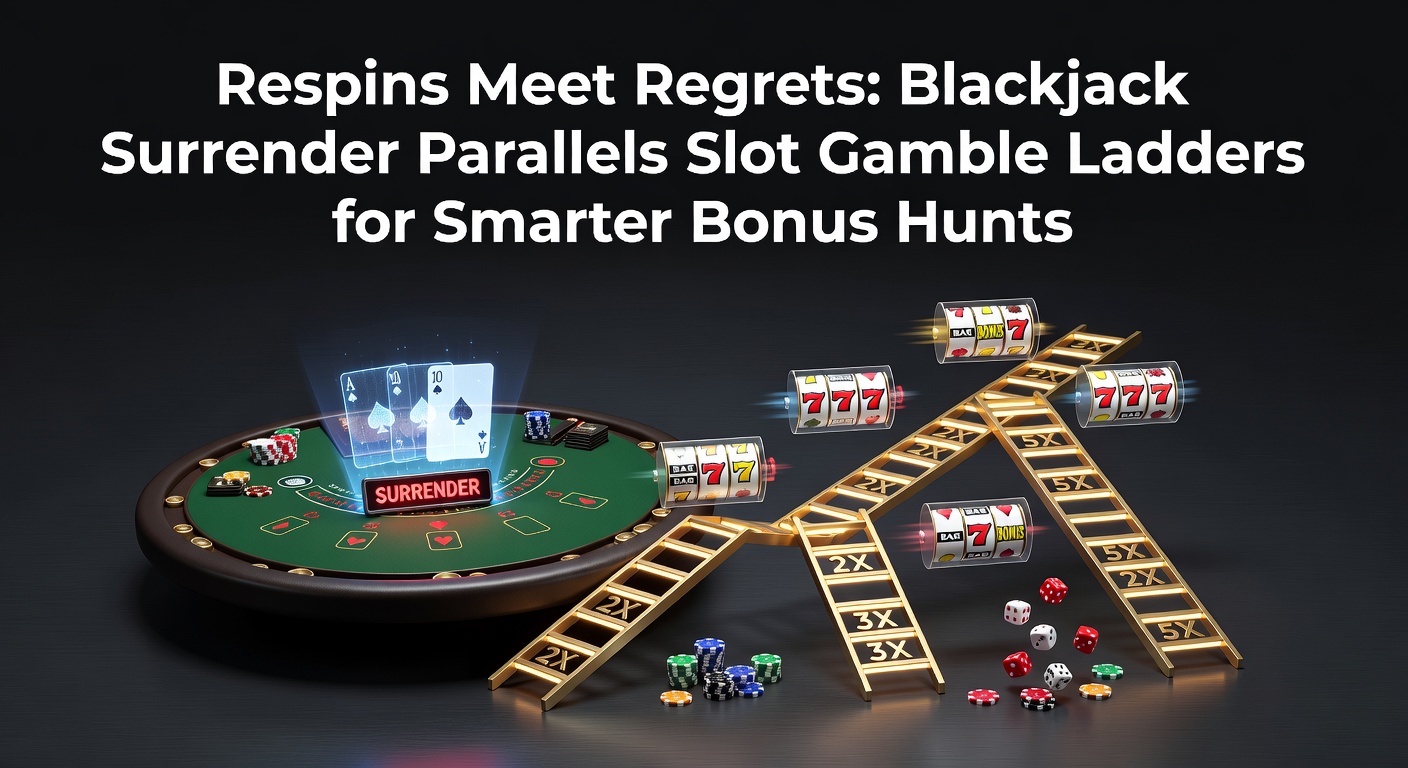 Illustration of a blackjack table next to spinning slot reels, highlighting surrender buttons and gamble ladders