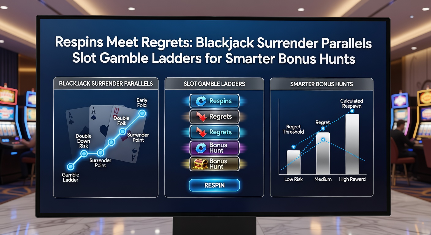 Close-up of a slot gamble ladder ascending with respin symbols locked, beside a blackjack surrender prompt on screen