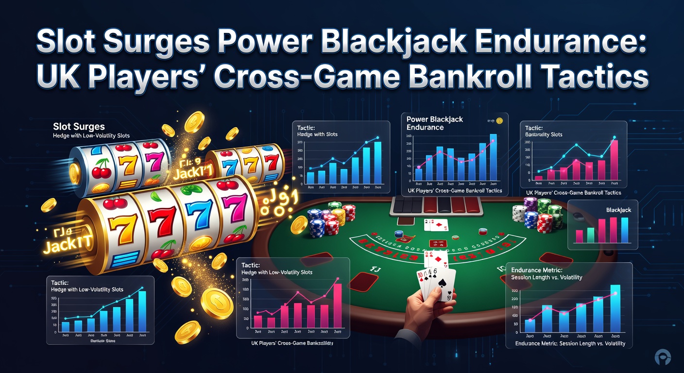 UK player managing bankroll across vibrant slot reels and Power Blackjack table, illustrating cross-game endurance tactics