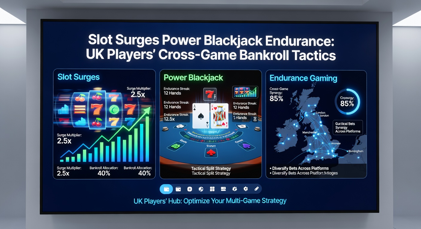 Dynamic split-screen of slot explosion transitioning to Power Blackjack hand, highlighting UK cross-game bankroll flow