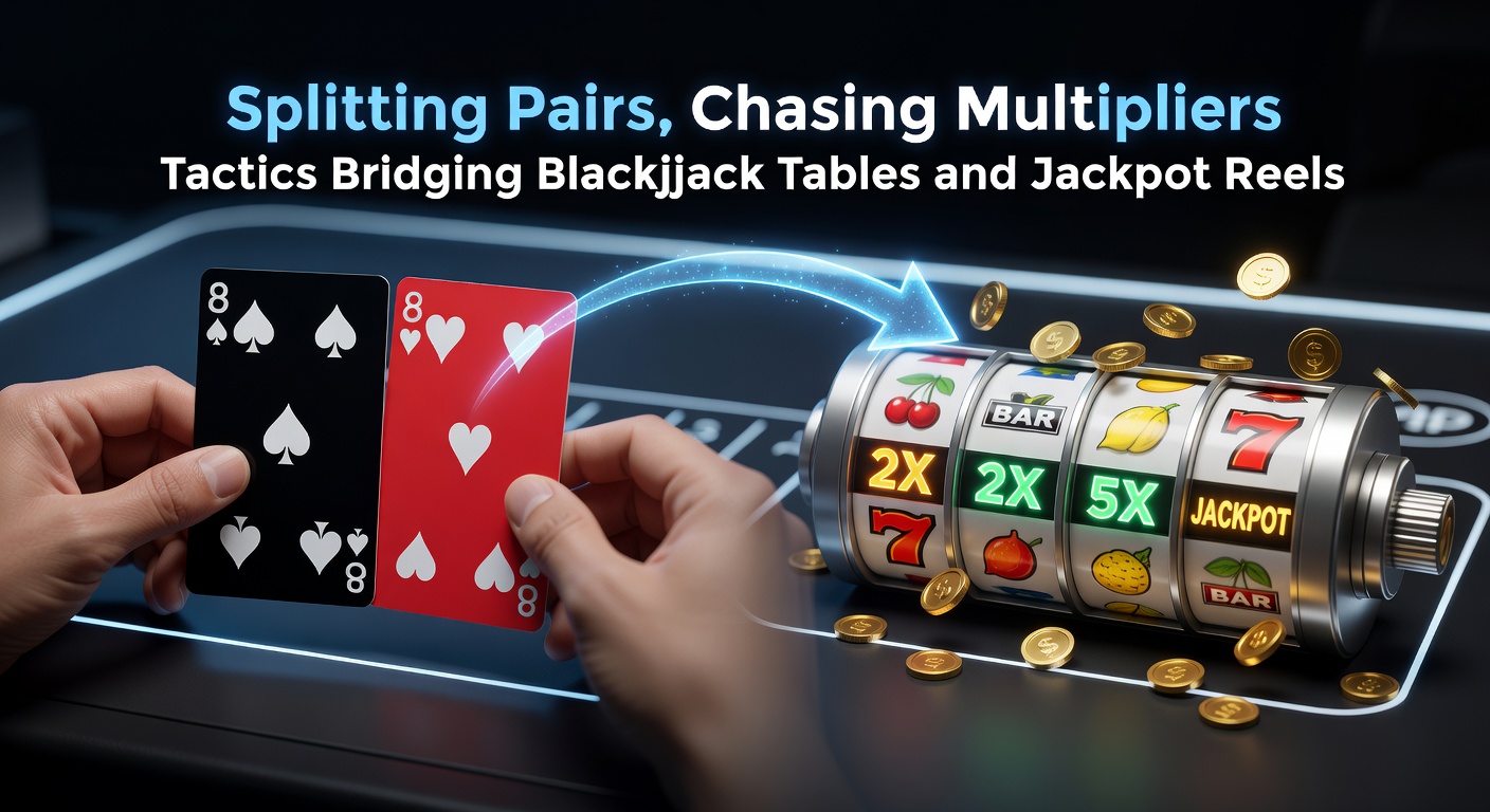 A blackjack table where a player splits a pair of eights against a dealer's six, chips neatly stacked as strategy unfolds
