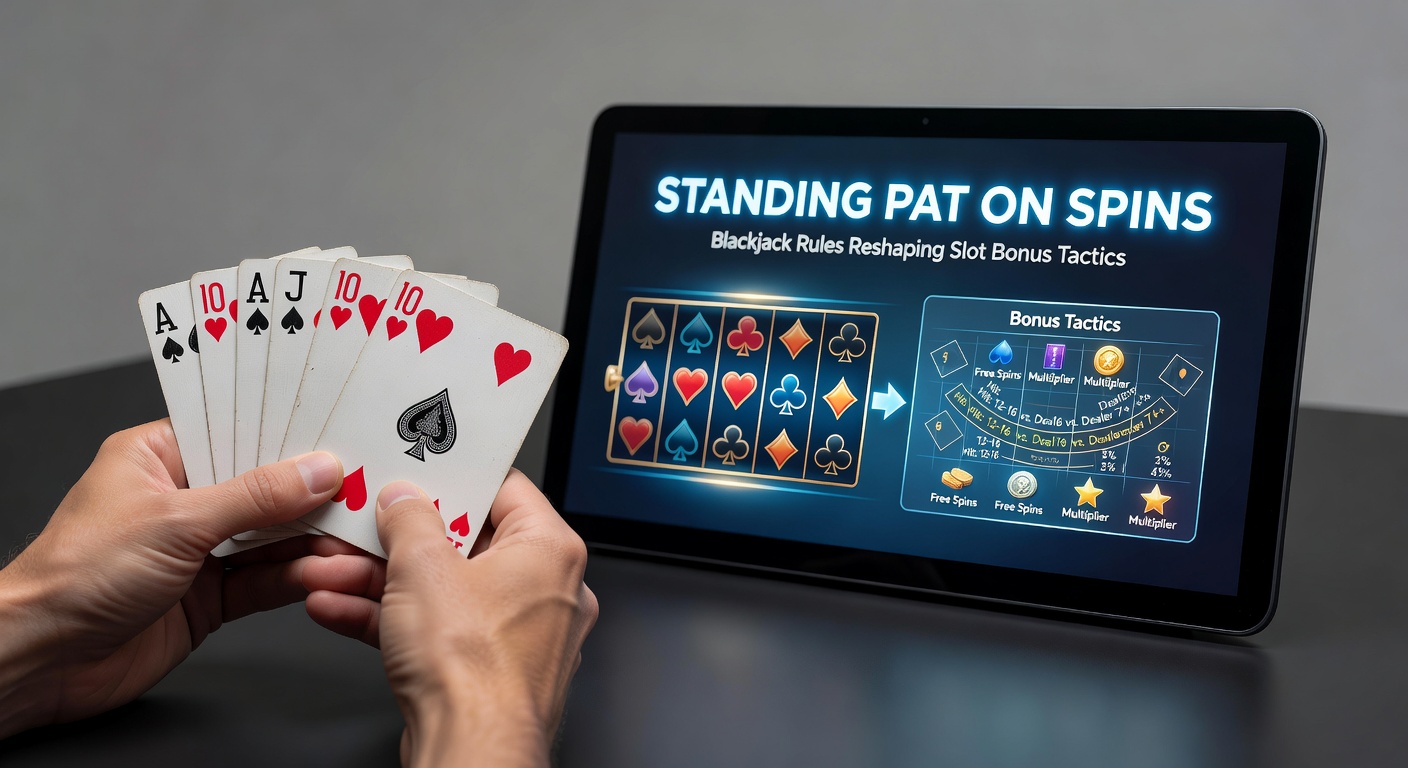 Blackjack table with slot machine in background, illustrating crossover strategies between card precision and reel spins