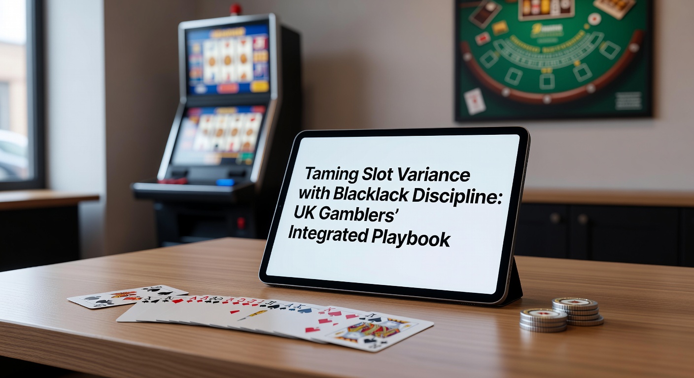 UK gambler at a casino table blending slot machine play with blackjack strategy, illustrating disciplined bankroll management amid flashing lights and card deals