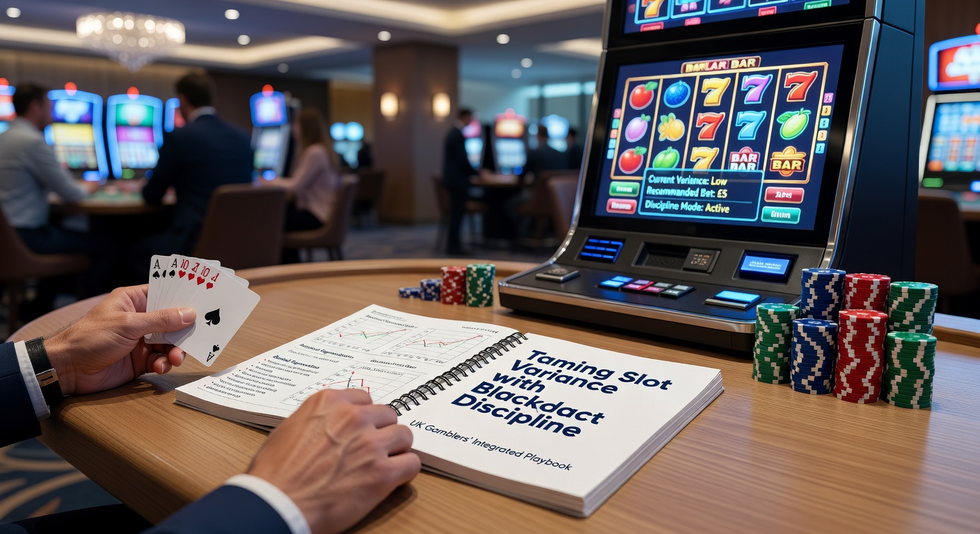 Close-up of blackjack cards and slot reels on a casino floor, symbolizing integrated play with chips stacked strategically amid colorful slot symbols