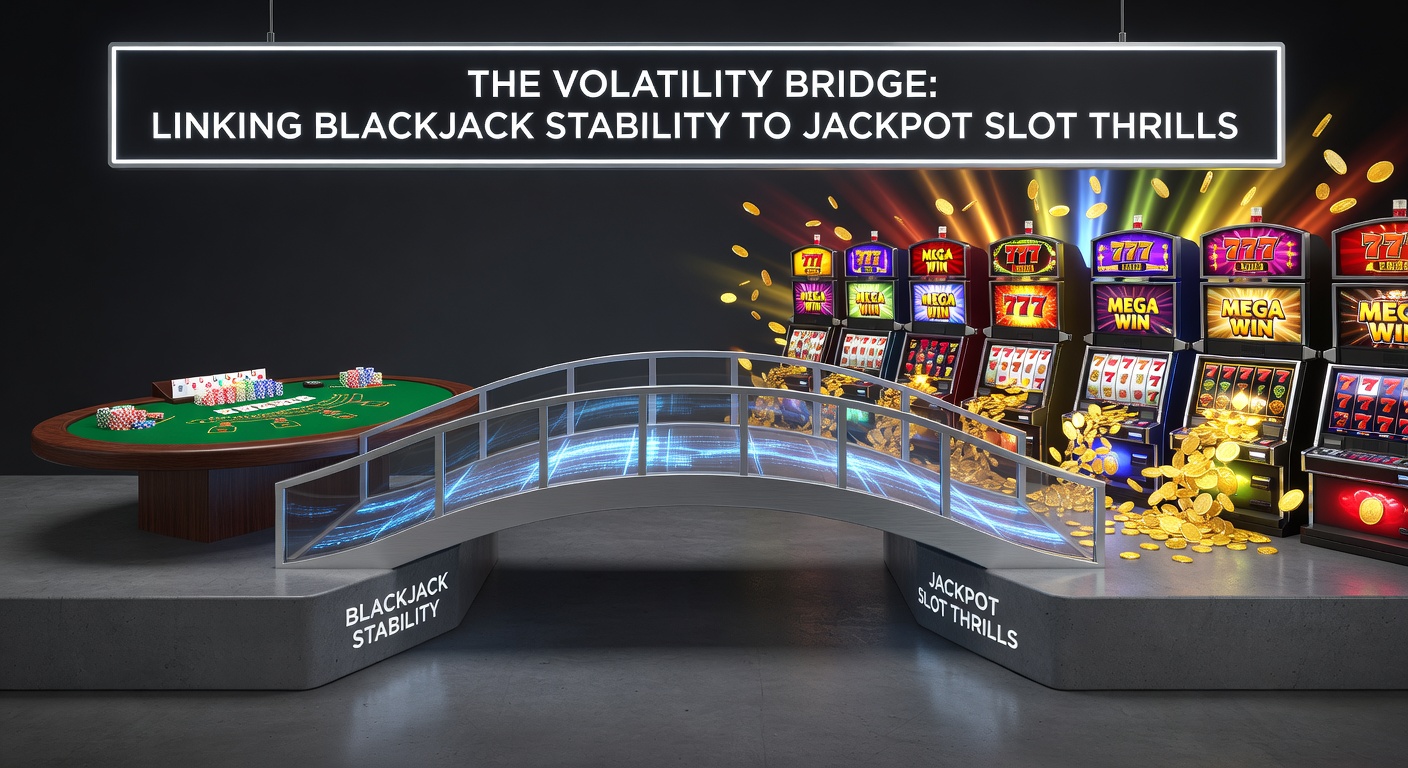 Digital illustration showing a bridge connecting a steady blackjack table on one side to exploding jackpot slot reels on the other, symbolizing volatility contrast