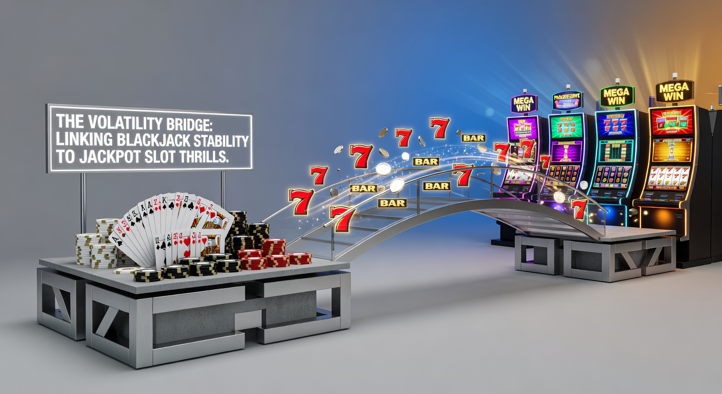 Close-up of slot reels bursting with jackpot symbols next to a blackjack hand totaling 21, illustrating the volatility connection