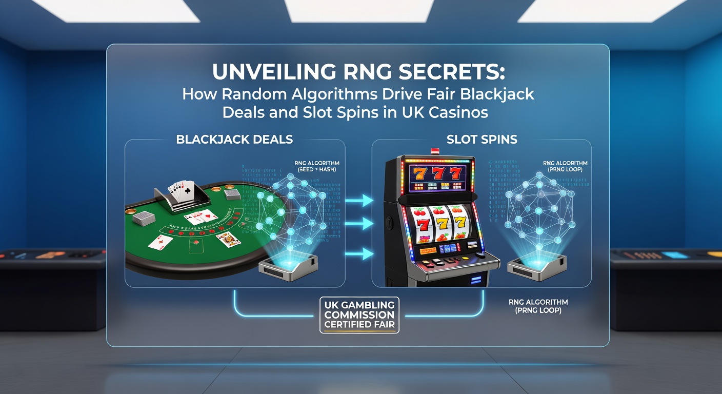 Digital visualization of random number generator algorithms simulating slot reels and blackjack card shuffles in a casino setting